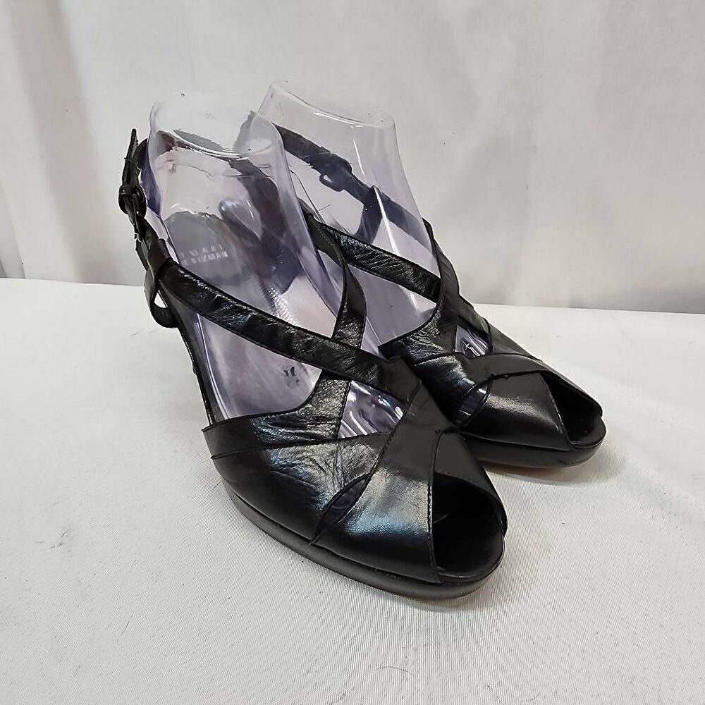 Stuart Weitzman Womens Black Leather platform Sandal Heels Ankle Strap size 10